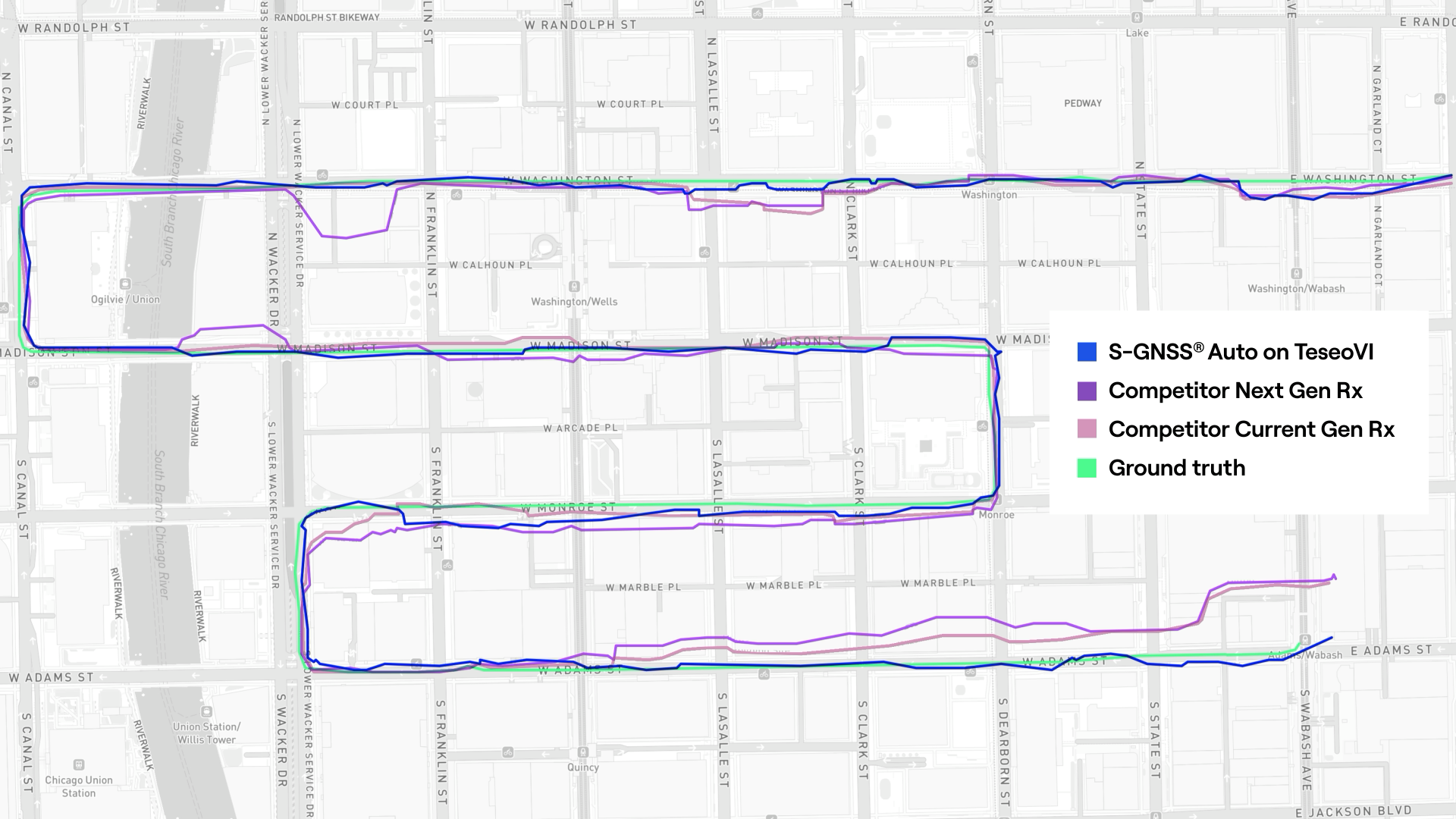 Chicago trial route — S-GNSS on Teseo against ground truth